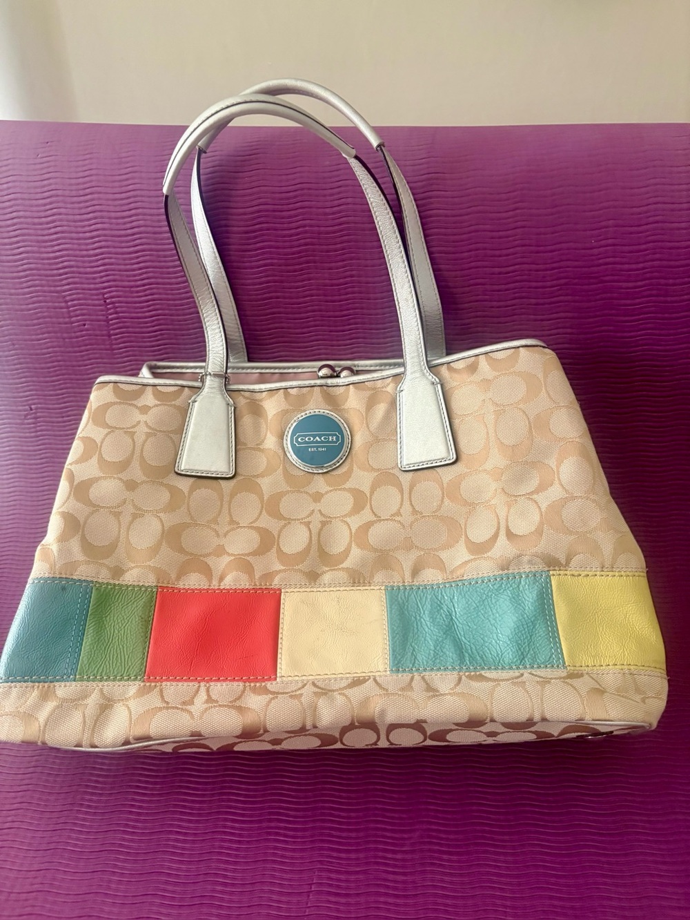 COACH Signature Canvas Tote with Multicolor Leather Trim - Beige